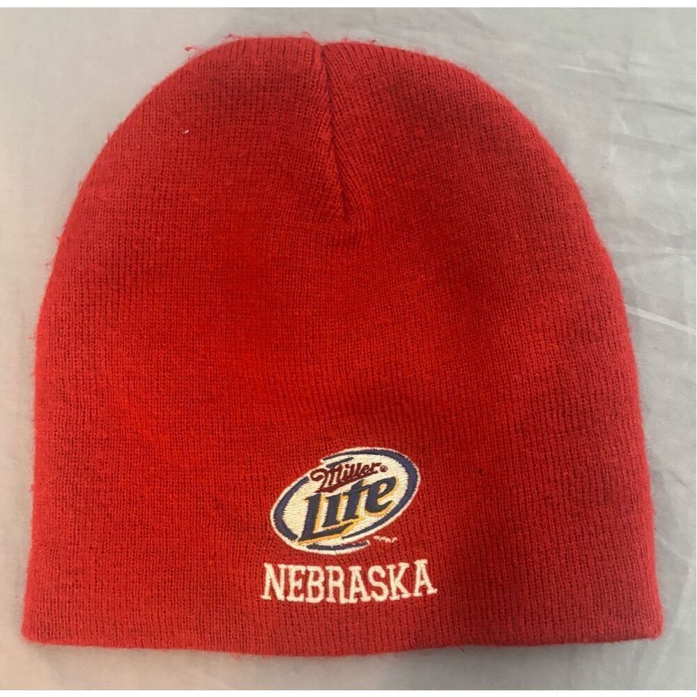 Miller Lite Beer Beanie Hat One Size Stretch Fit Red Cap Logo Adults Nebraska
